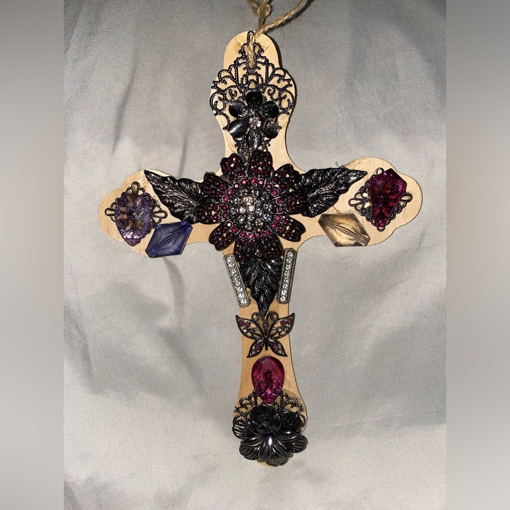Artisanal Wood Cross w/ Repurposed Jewelry Deco of Different shapes & colors